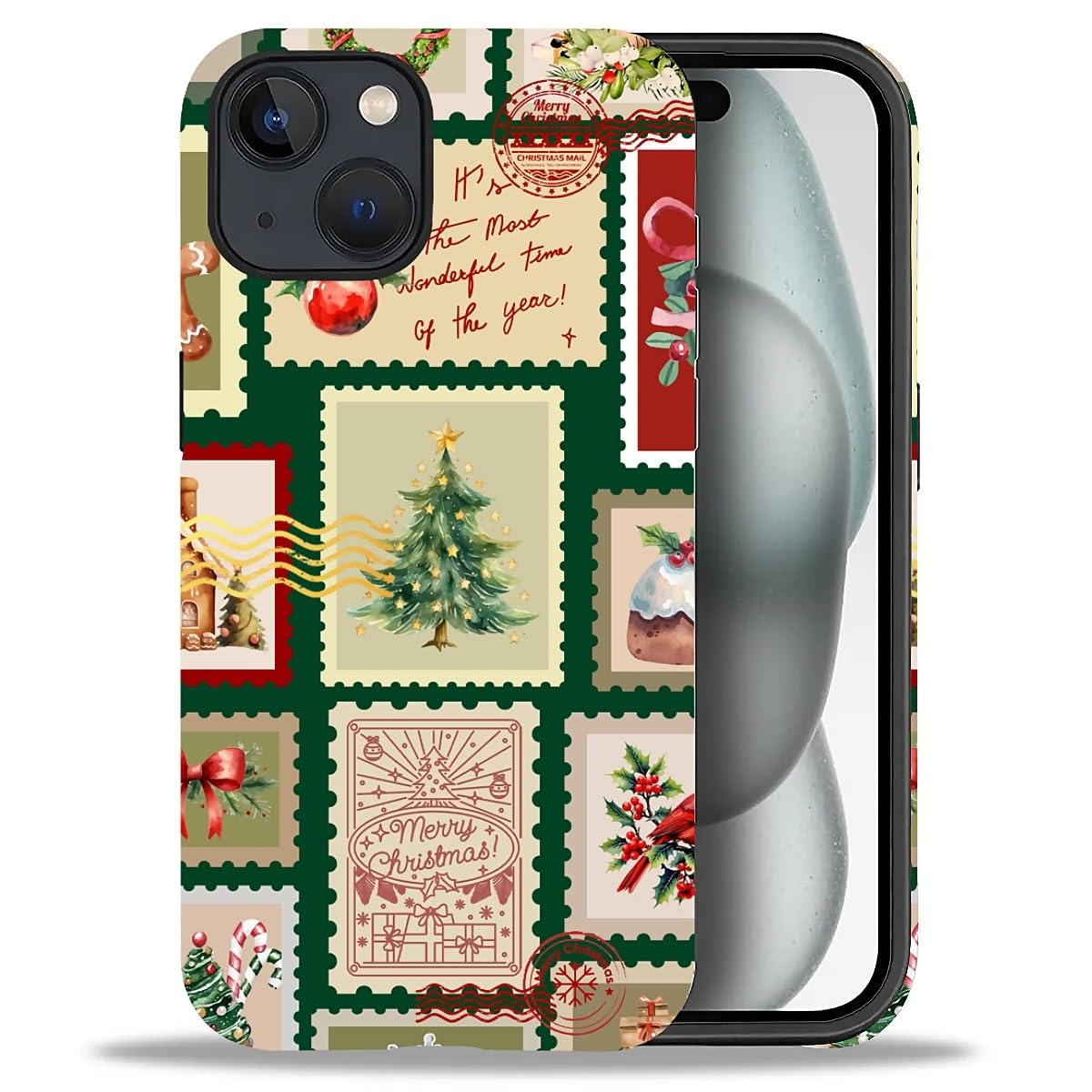 Case for iPhone 17,Drop Protection Hybrid 2-Layer Hard Phone Cover-Vintage Christmas Stamps Collage