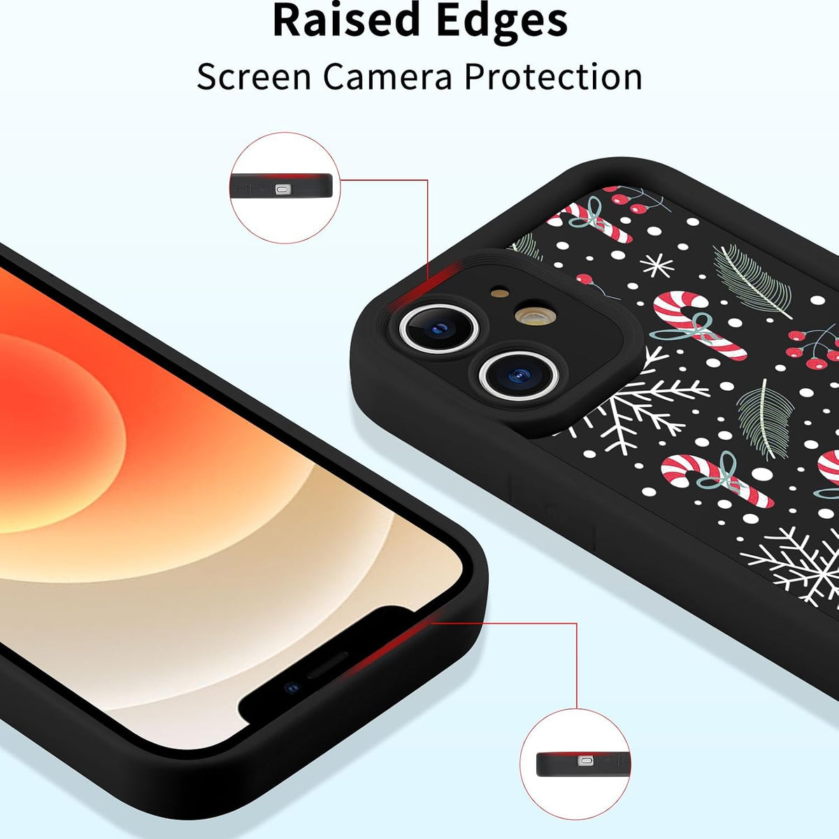 2 Pack Christmas Phone Case for iPhone 12 6.1", Cute Cover with Red Xmas Tree Candy Snowflake Pattern Full Camera Lens Shockproof Soft Silicone Cover for Girl Women