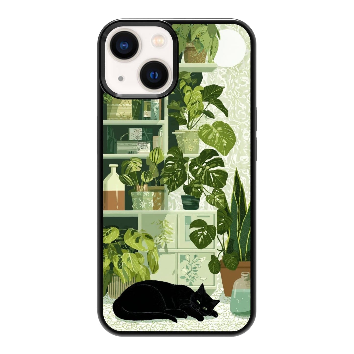 Lush Tropical Monstera Leaves Black Cat Botanical Art Phone Case, Shockproof Protective Cover for iPhone 11 12 13 14 15 16 17 Pro Max Plus Mini XR 7 8 SE