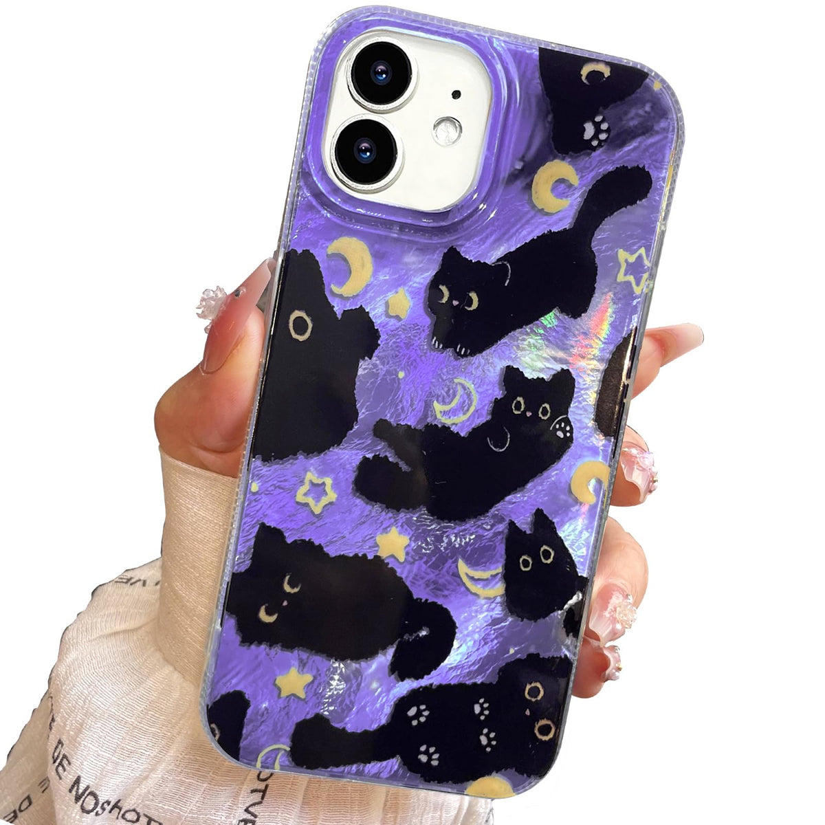 for iPhone 13 Case & iPhone 14 Case Shiny black cat-Purple Design,Cute trendy Soft Slim TPU Shockproof Protective Bumper adorable Phone Cases Cover for Women Girls Aesthetic,iphone 14/13 6.1"