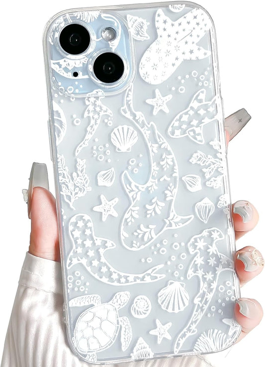 NITITOP Compatible with iPhone 15 Case Clear Sea - White Turtle | Cute, Shell whale ocean animal, For women men girls boys, Slim, Soft TPU, Shockproof