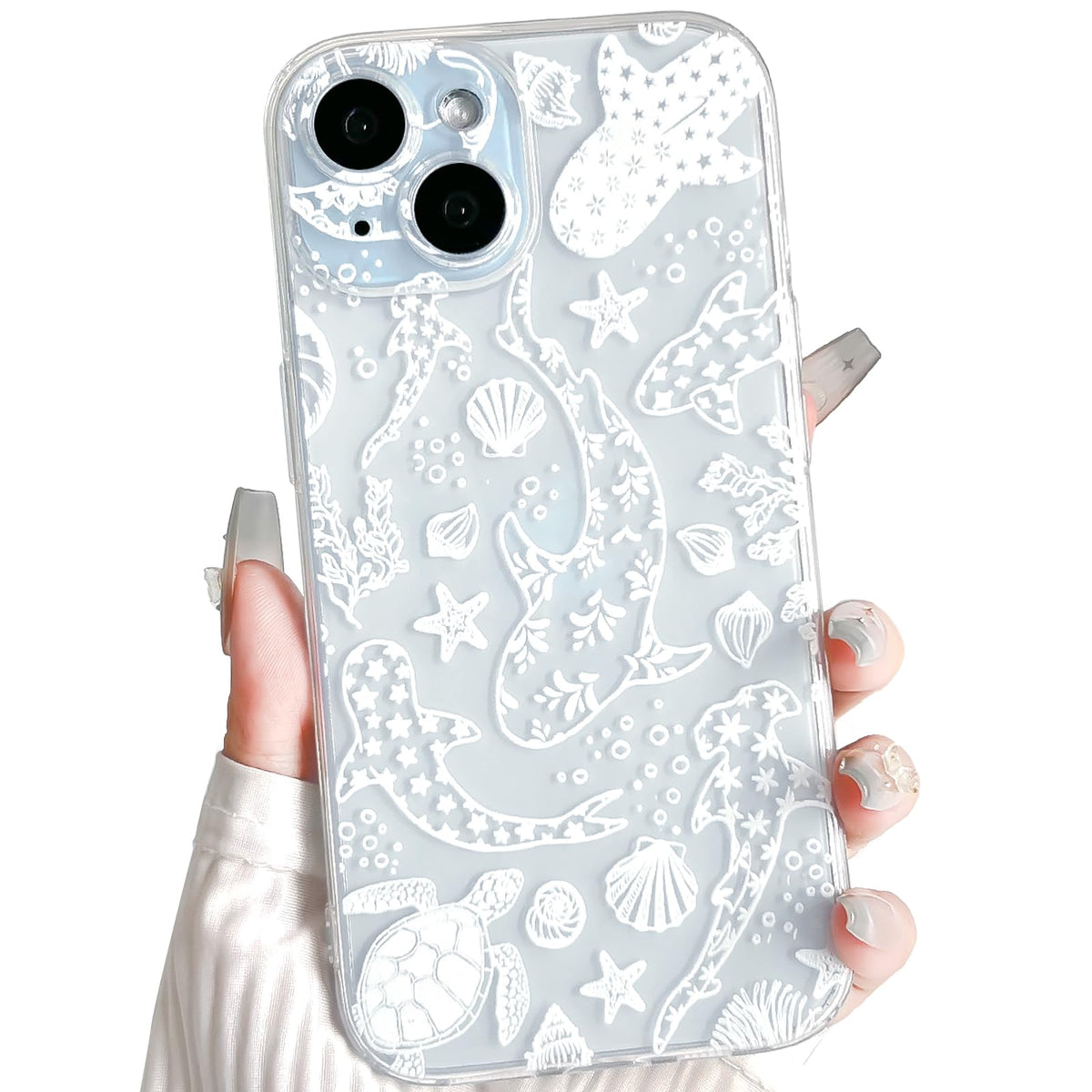 NITITOP Compatible with iPhone 16 Case Clear Sea - White Turtle | Cute, Shell whale ocean animal, For women men girls boys, Slim, Soft TPU, Shockproof