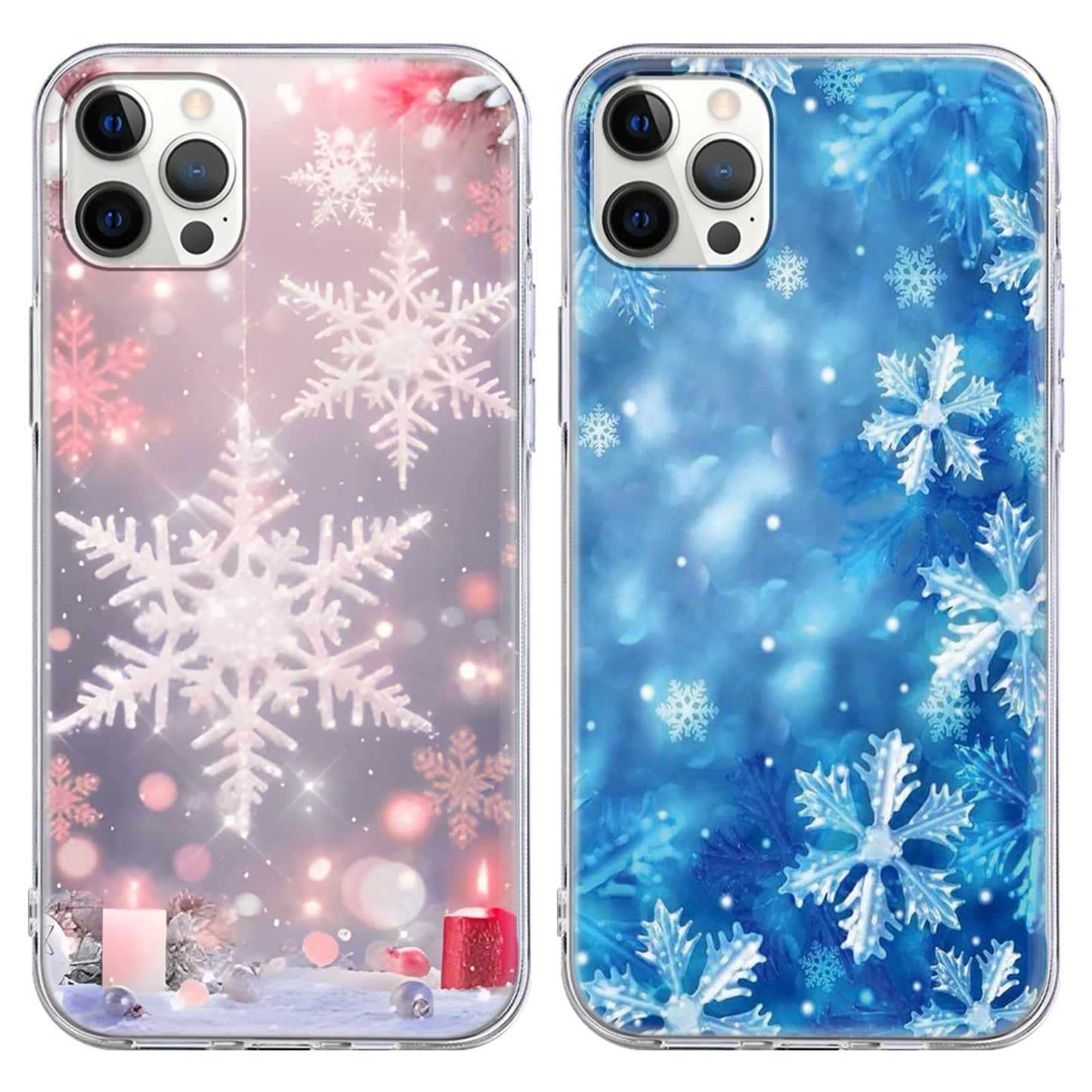 Christmas 2 Pack for iPhone 14/13 Phone Cases, Cute Case with Snowflake Printed Pink Blue Pattern Clear Soft Aesthetic Design Funda Flexible Ultra-Thin Girly Protective Women Cover