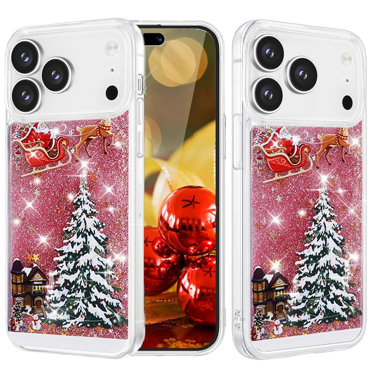 Changjia Glitter Christmas Case for iPhone 17, Cute Christmas Tree Santa Elk Liquid Flowing Floating Moving Bling Sparkle Clear Bumper Shockproof Women Girls Slim Phone Case for iPhone 17 6.3", Silver