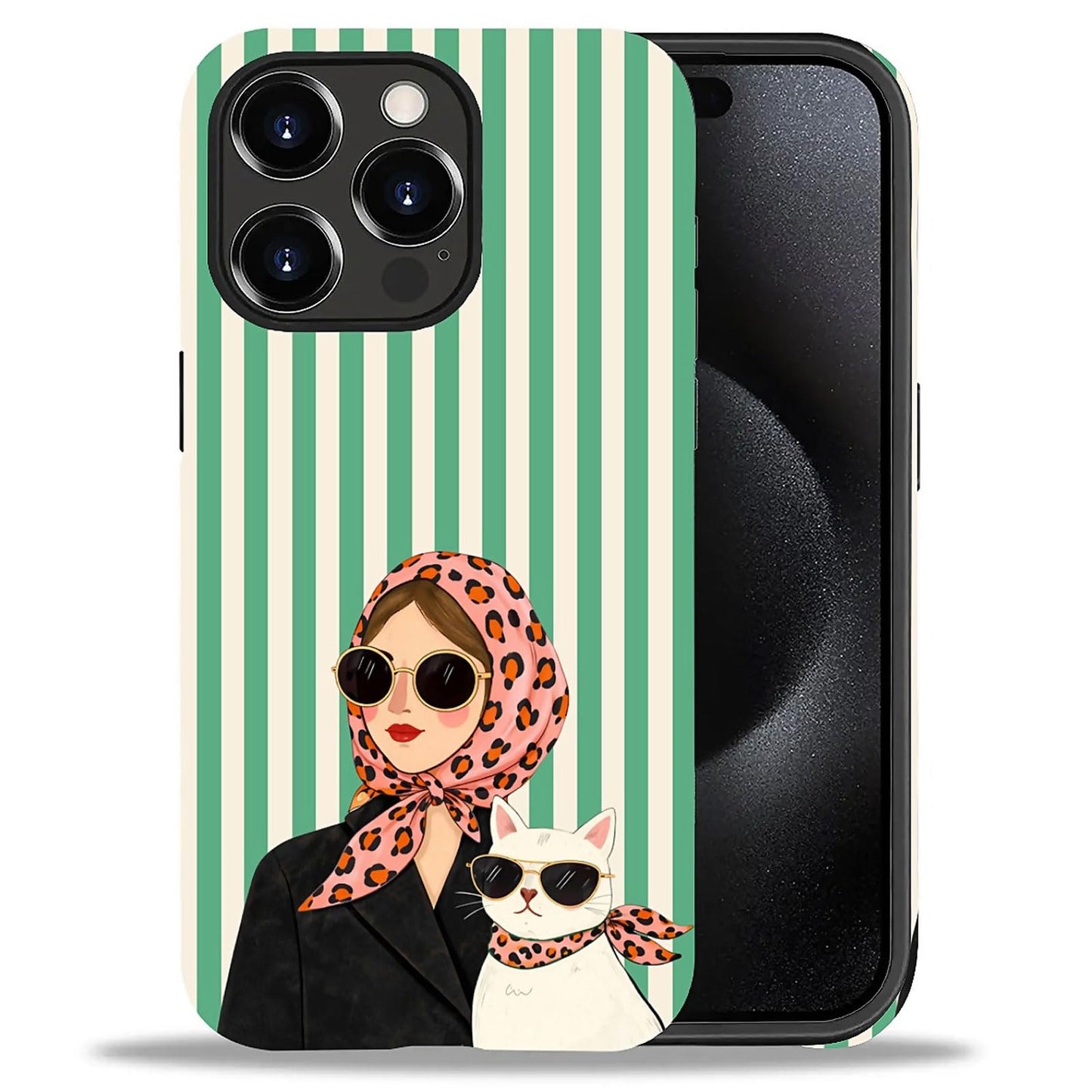 for iPhone 15 Pro Case,Hybrid 2-Layer Hard Shell + Silicone Protective Case -Resistant Shockproof- A Naughty Cat with Blue Stripes Eating Fish