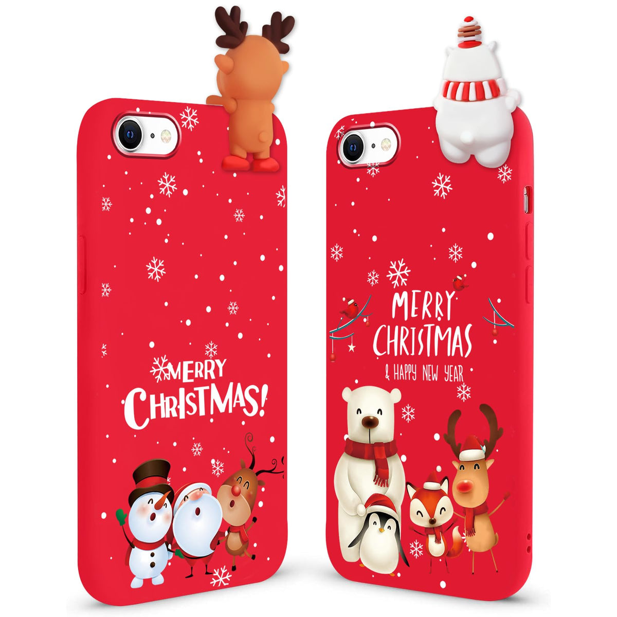 2 Pack Cute Christmas Case for iPhone 13/14",Red 3D Doll Snowman Elk Merry Christmas Pattern Soft Silicone TPU Pretty Flexible Protective Funda for Kid Girls Women