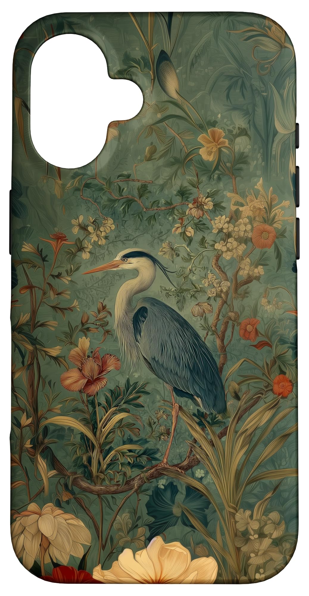 Blue Heron Wildflower Plant Pattern Sage Green Case for iPhone 16 Pro Max