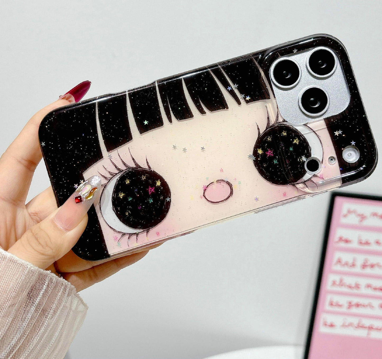 Compatible with iPhone 17 Case, Cute Kawaii Anime Big Eyes Design with Glitter Stars, Sparkle Bling Soft TPU Shockproof Protective Cover for Women Girls