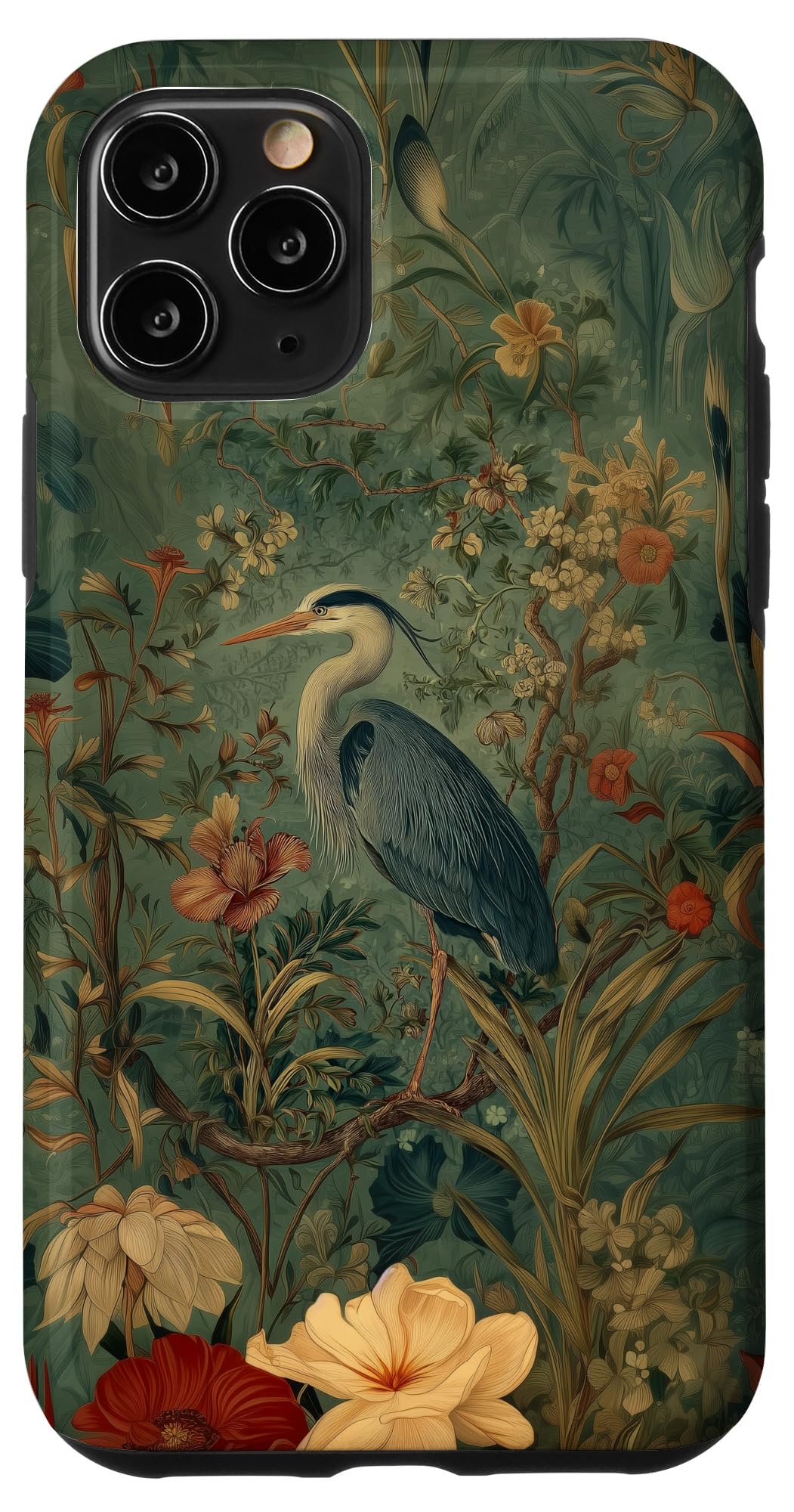 Blue Heron Wildflower Plant Pattern Sage Green Case for iPhone 16 Pro Max