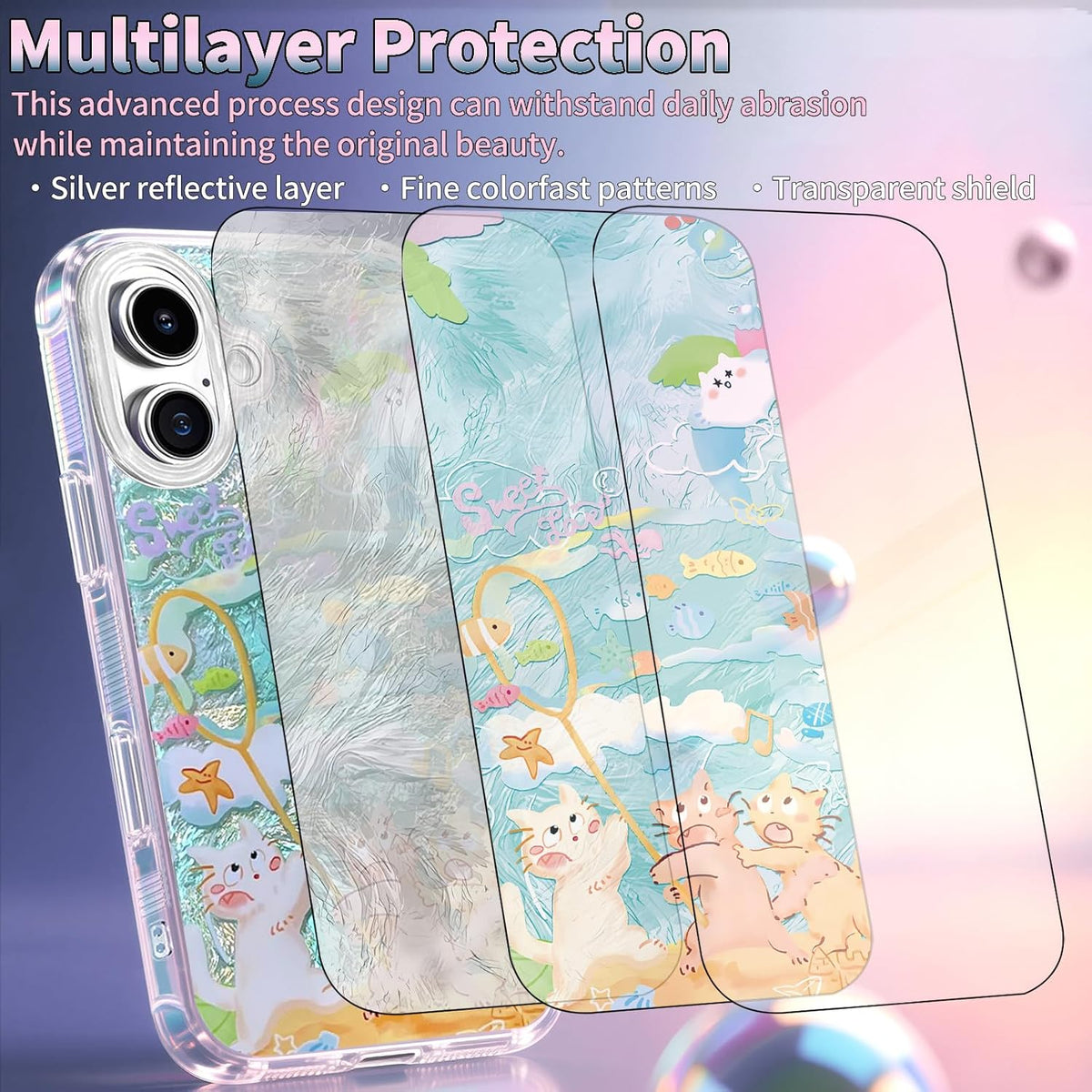 Compatible with iPhone 17 Case,with [Soft Slim][Camera Protection] Cute Fishing Cats Shiny Aesthetic Phone Cover Anti-Yellowing Shockproof Protective Cover for Women Girl