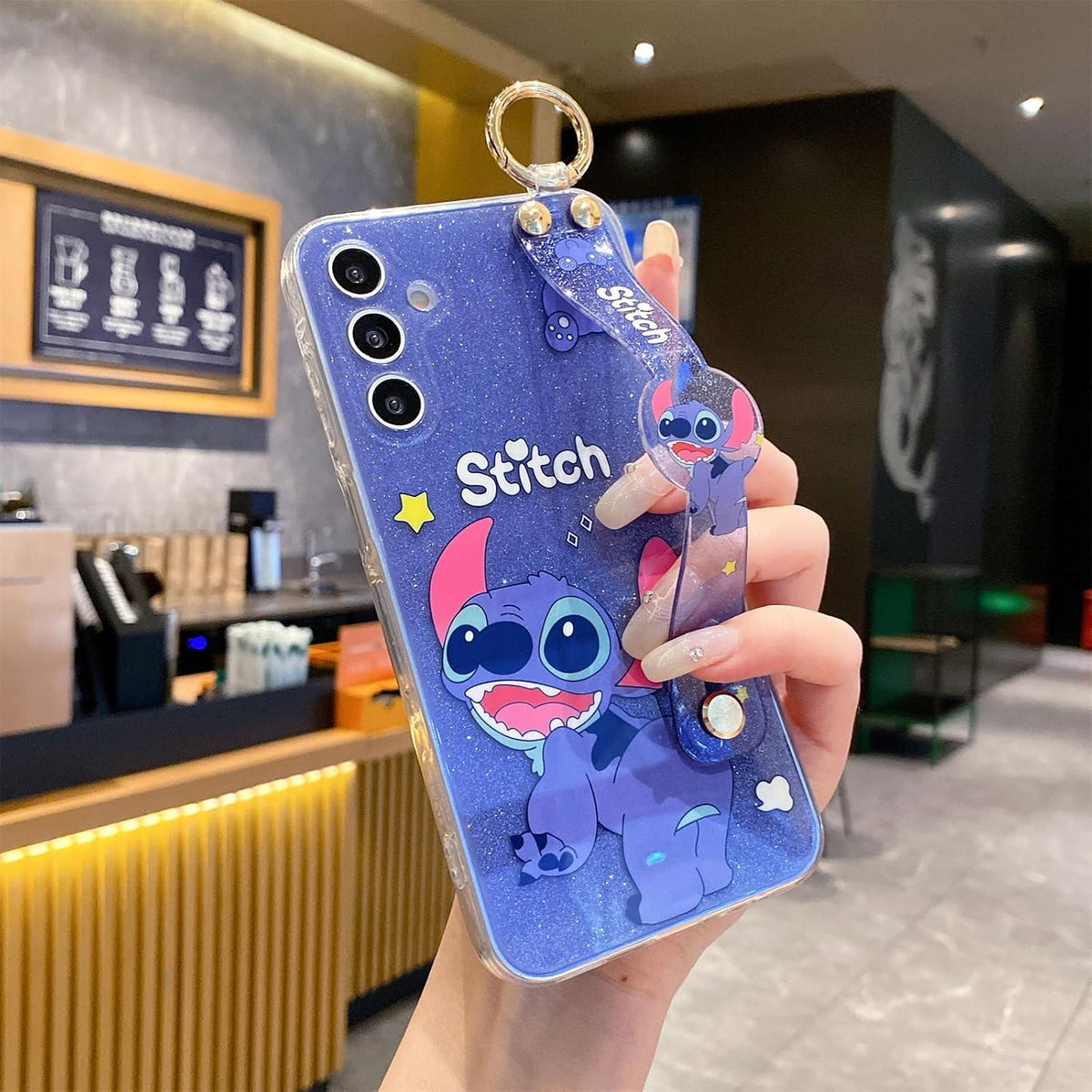 for Samsung Galaxy A16 5G Case with Wrist Strap Kickstand Cute Glitter Cartoon Camera Lens Protector Shockproof Protective Cover for Women Girls (Stit 1)