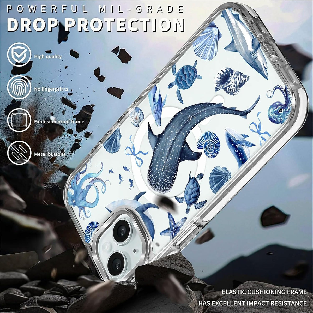 for iPhone 15 Case,Compatible with MagSafe,The Transparent TPU Silicone Protects The Phone Case from Drops, Slips and Fingerprints.Blue Ocean Whale Shark Octopus Turtle Collage