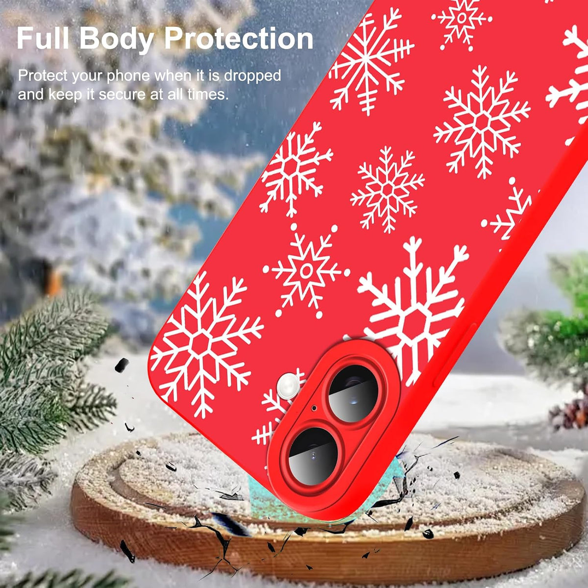Merry Christmas Phone Case for iPhone 16 6.1，Cute Silicone Case with Xmas Tree Snowflakes, Elk Pattern，Soft Protective Shockproof Gifts for Girls Women Men Boys-Red White Snowflake