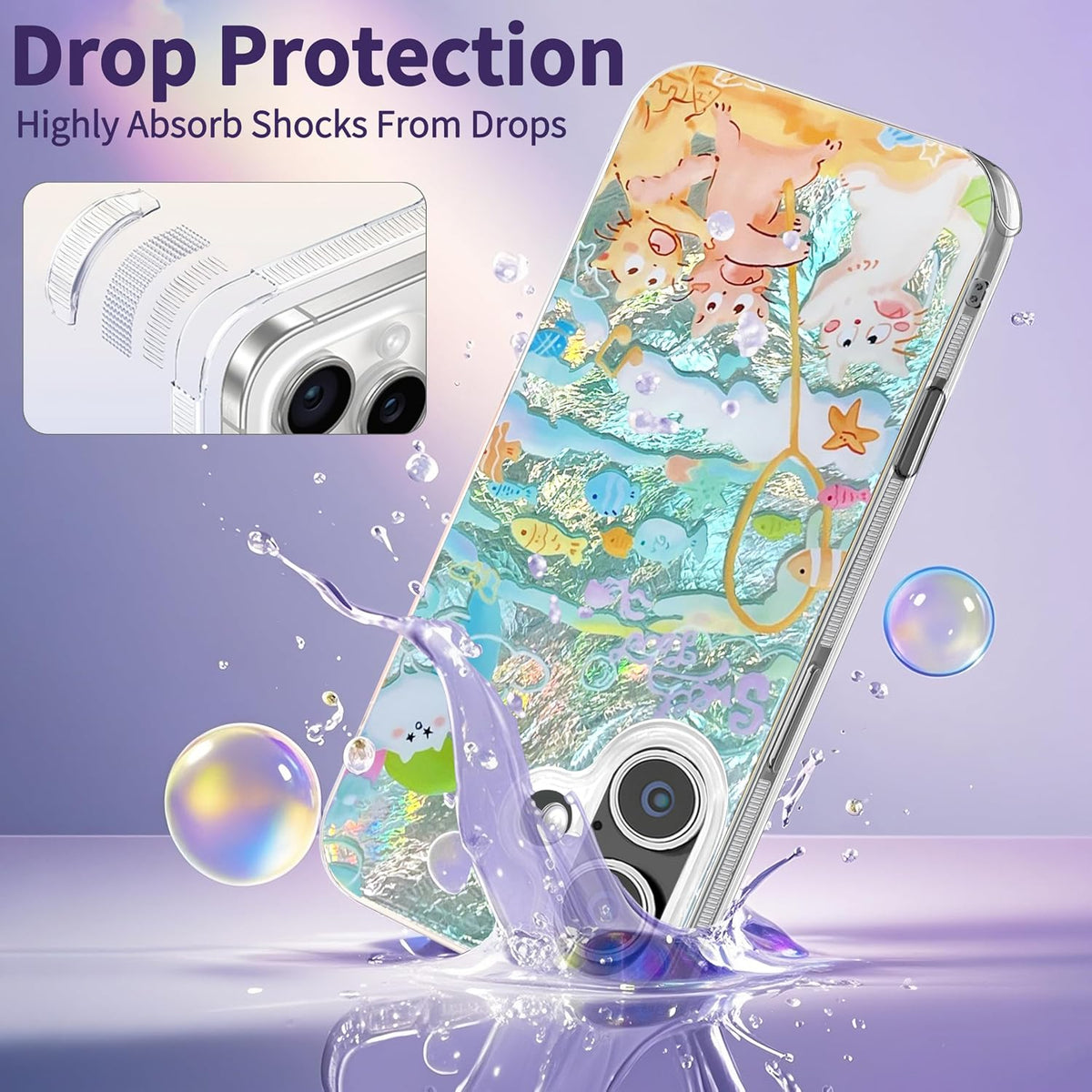 Compatible with iPhone 17 Case,with [Soft Slim][Camera Protection] Cute Fishing Cats Shiny Aesthetic Phone Cover Anti-Yellowing Shockproof Protective Cover for Women Girl
