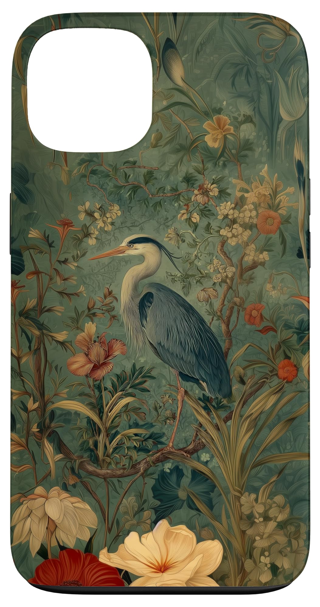 Blue Heron Wildflower Plant Pattern Sage Green Case for iPhone 16 Pro Max