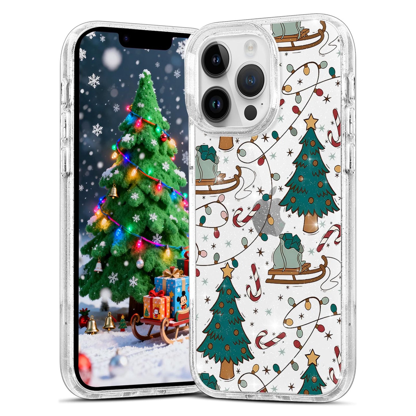 Christmas Phone Case for iPhone 13 6.1", Cute Glitter Christmas Tree Candy Snowflake Pattern, Preety Bling Sparkle Soft TPU Anti-Scratch Shockproof Protective Cover for Women Girls