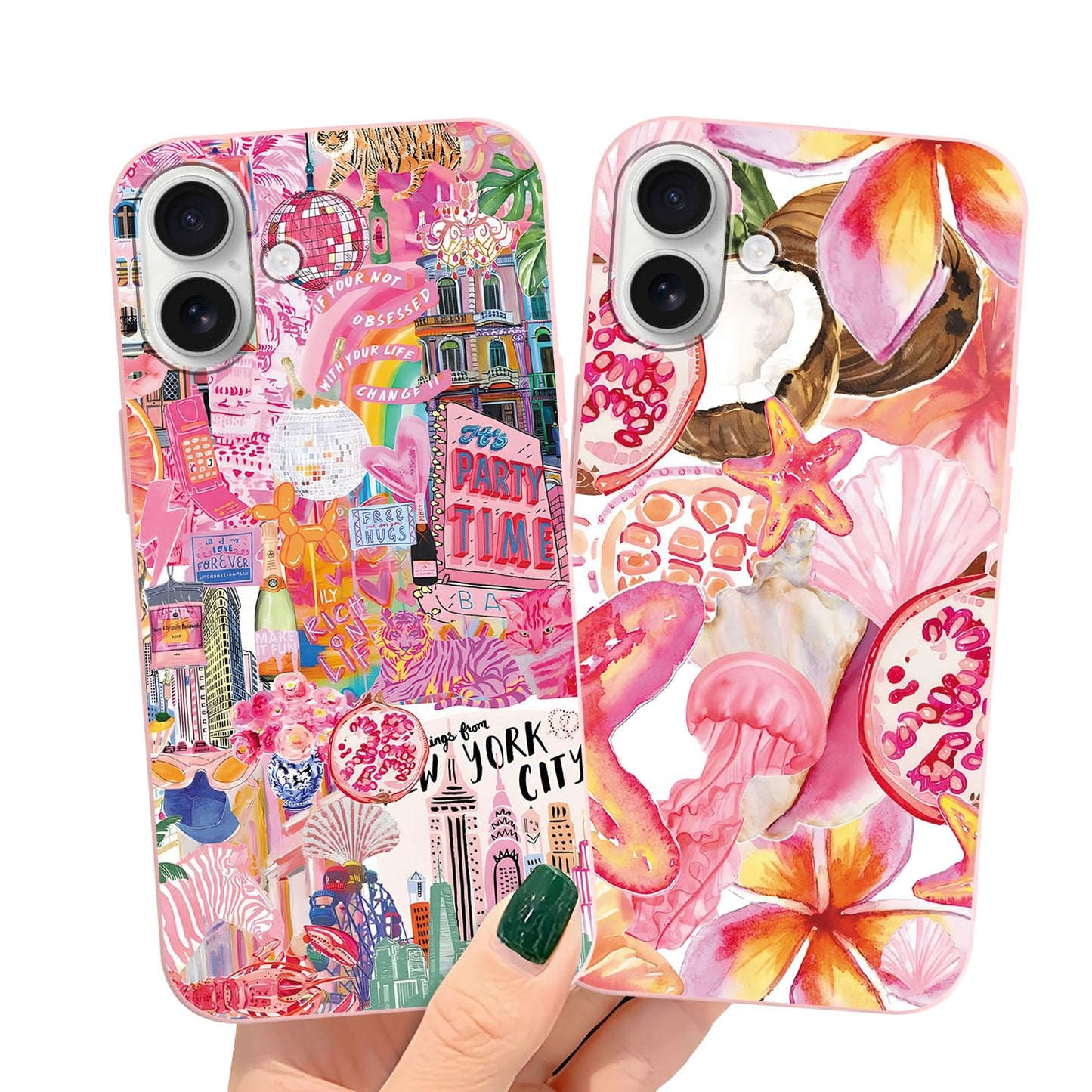2 Packs Summer Fruit Animal Illustration Collage Pattern Phone Case for iPhone 16 6,1", Cute Aesthetic Design Print Funda with Liquid Silicone Shockproof Protection Soft Cover for Women Girls