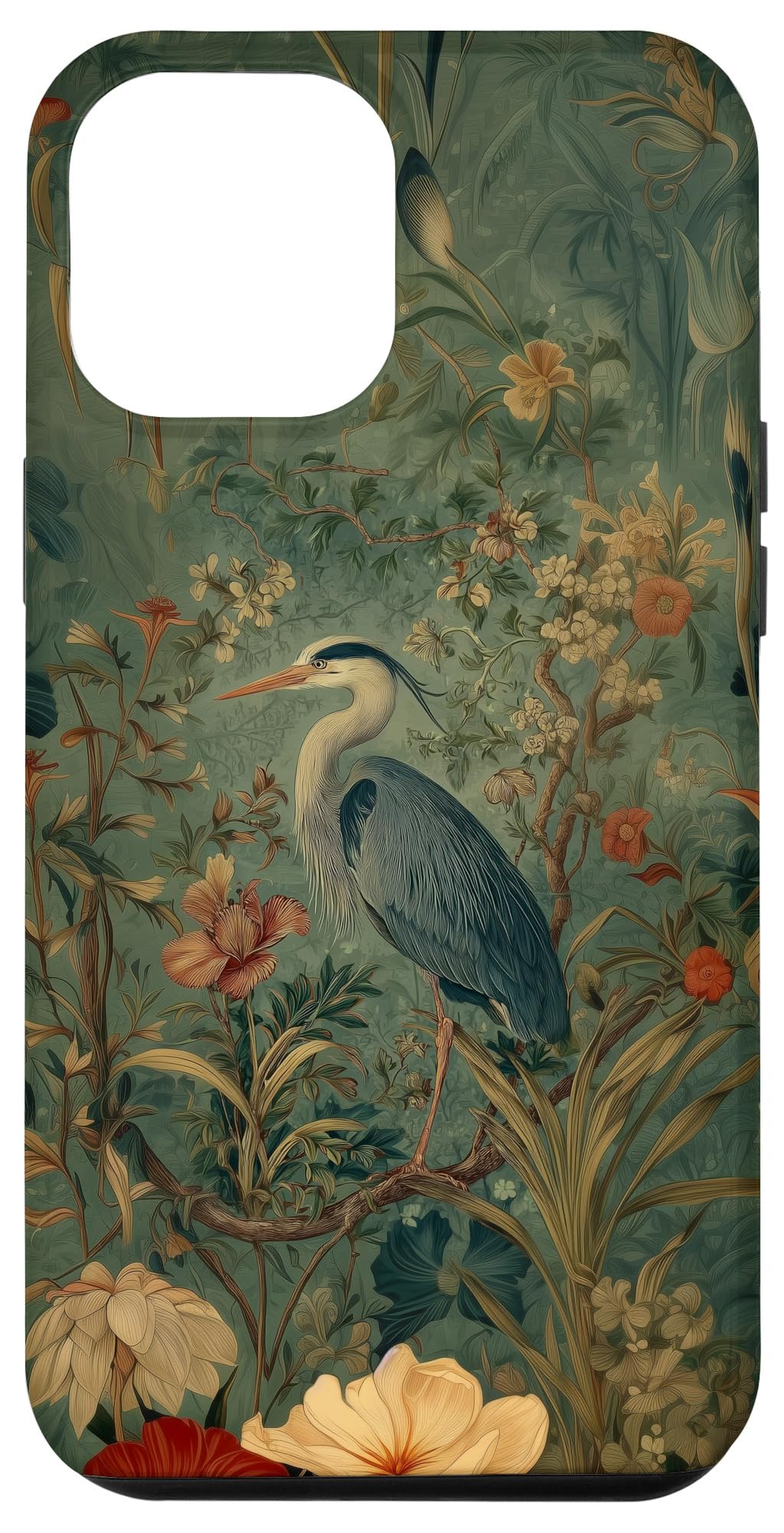 Blue Heron Wildflower Plant Pattern Sage Green Case for iPhone 16 Pro Max