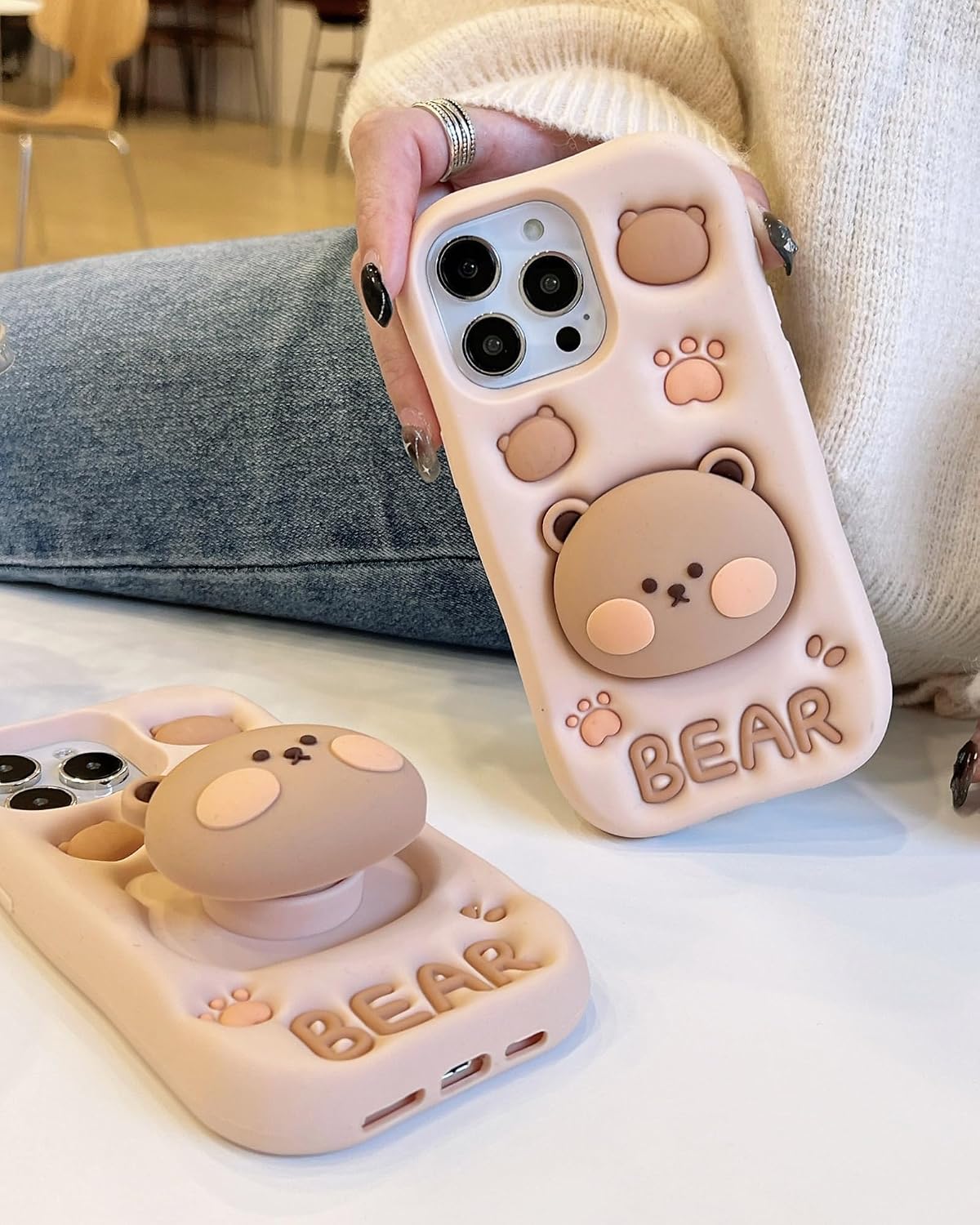 Kawaii 3D Teddy Bear Phone Case for iPhone 12 mini / 13 mini (with Stand and Grip) Cute Girly Cartoon Animal Phone Cover for Girls, Boys, Kids, Teens, and Women, Tan | Makes Mirror Selfies Sweeter, Cute Girly 3D Animal Style with Stand, Soft Silicone Drop