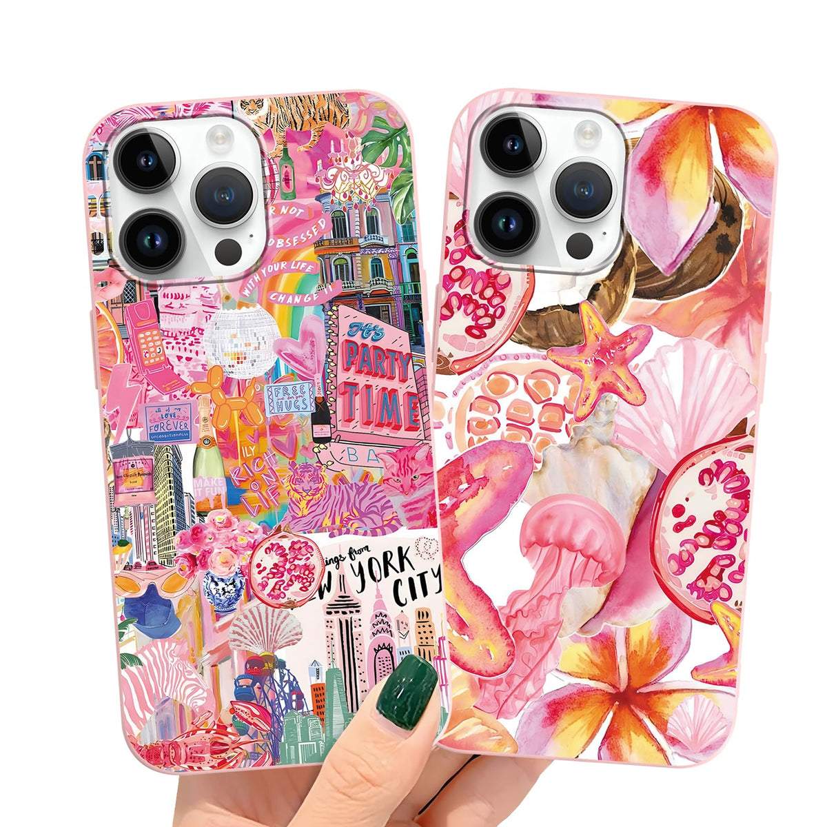 2 Packs Summer Fruit Animal Illustration Collage Pattern Phone Case for iPhone 16 6,1", Cute Aesthetic Design Print Funda with Liquid Silicone Shockproof Protection Soft Cover for Women Girls