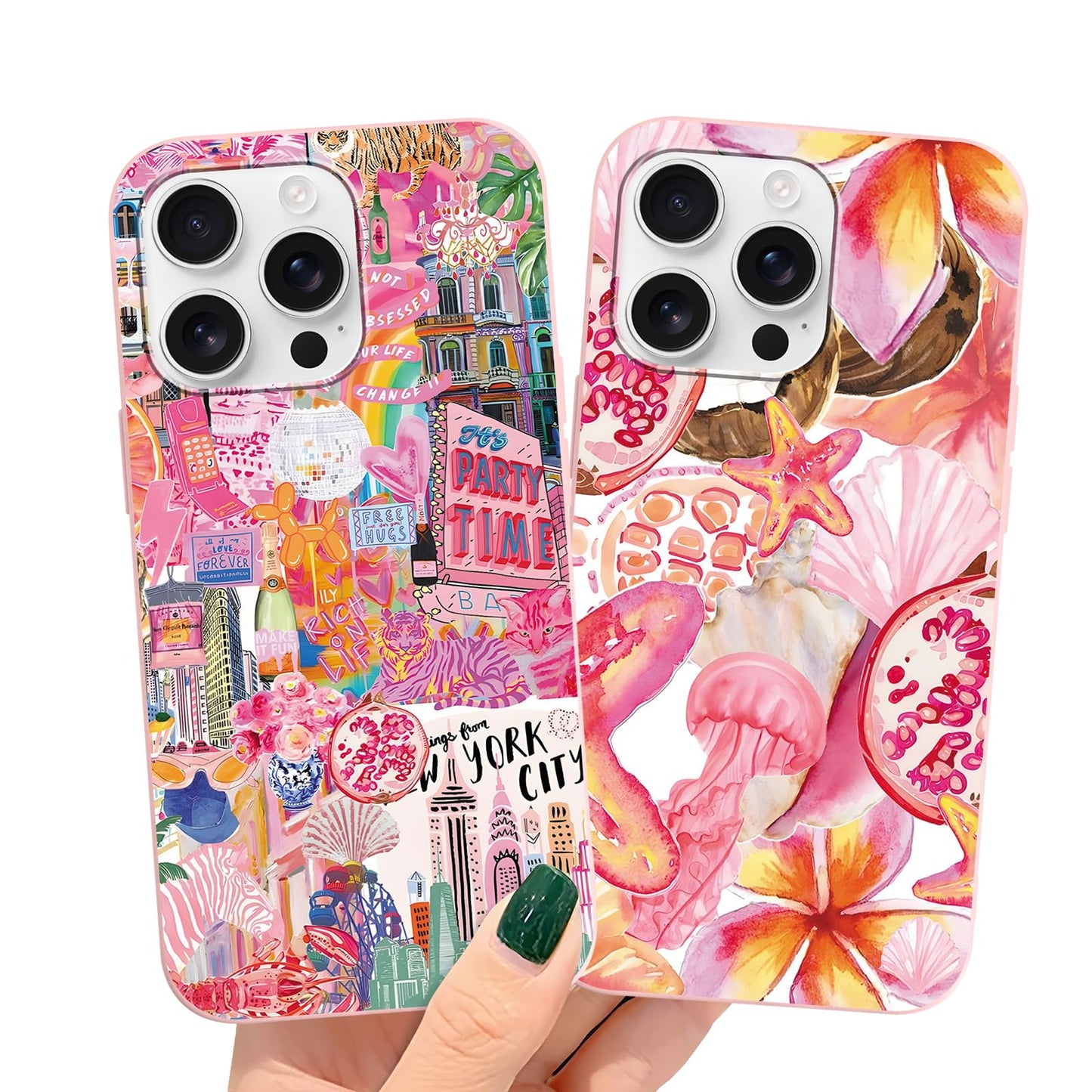 2 Packs Summer Fruit Animal Illustration Collage Pattern Phone Case for iPhone 16 6,1", Cute Aesthetic Design Print Funda with Liquid Silicone Shockproof Protection Soft Cover for Women Girls