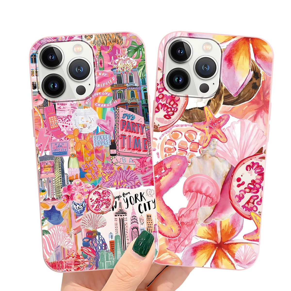 2 Packs Summer Fruit Animal Illustration Collage Pattern Phone Case for iPhone 16 6,1", Cute Aesthetic Design Print Funda with Liquid Silicone Shockproof Protection Soft Cover for Women Girls