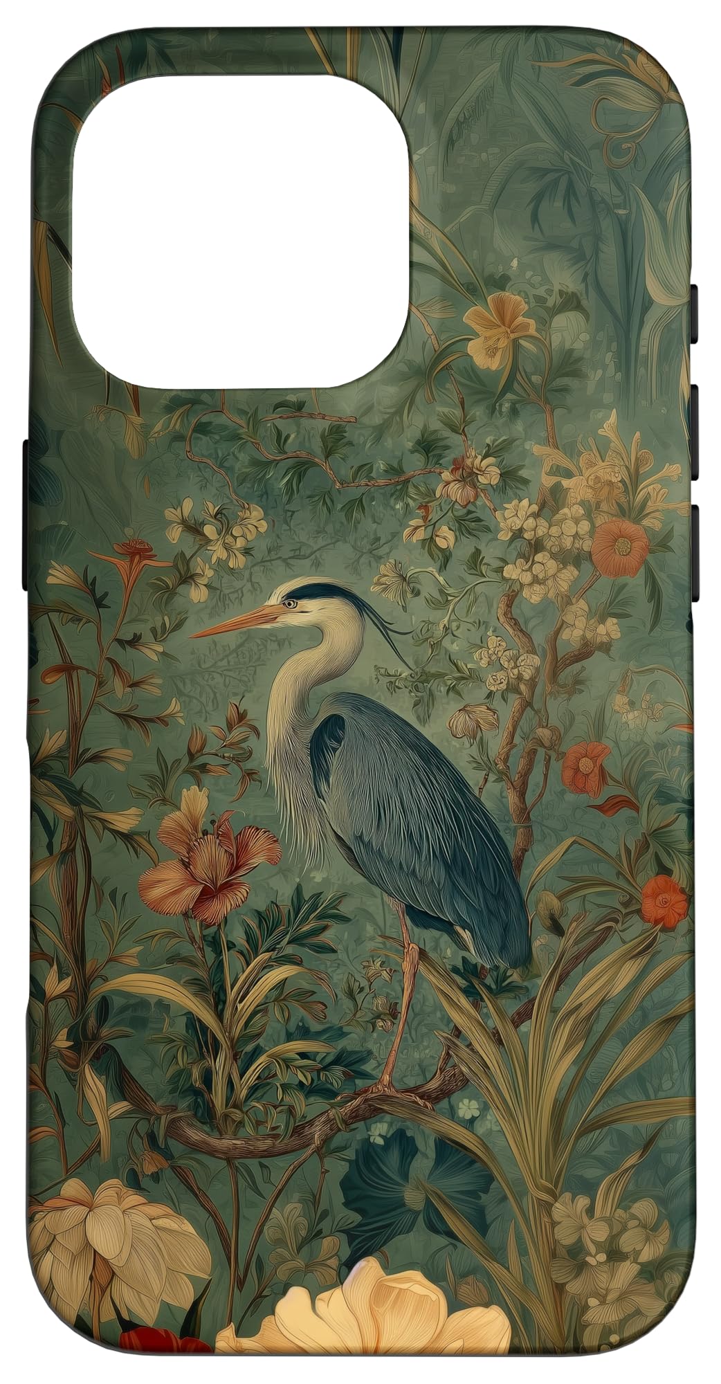 Blue Heron Wildflower Plant Pattern Sage Green Case for iPhone 16 Pro Max