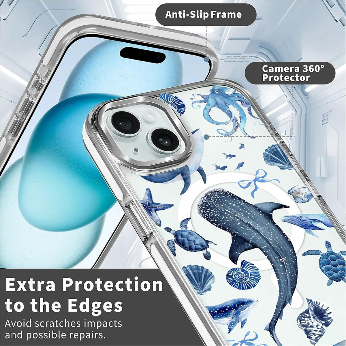 for iPhone 15 Case,Compatible with MagSafe,The Transparent TPU Silicone Protects The Phone Case from Drops, Slips and Fingerprints.Blue Ocean Whale Shark Octopus Turtle Collage