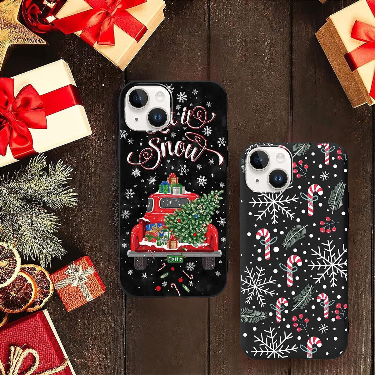 2 Pack Merry Christmas Phone Case for iPhone 13 / iPhone 14 6.1", Cute Red Christmas Truck Car Tree Candy Snowflake Pattern Case Anti-Scratch Shockproof Soft Silicone Gifts Girl Women Cover