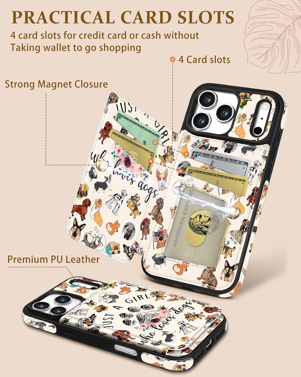 Shorogyt Compatible with iPhone 17 Pro Max Wallet Case with Card Holder - Cute Dog Lover Design Kickstand for Magnetic Clasp Back Flip Folio Leather Phone Covers for Women Men Girls