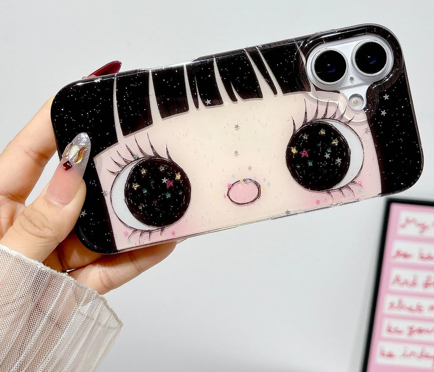 Compatible with iPhone 17 Case, Cute Kawaii Anime Big Eyes Design with Glitter Stars, Sparkle Bling Soft TPU Shockproof Protective Cover for Women Girls