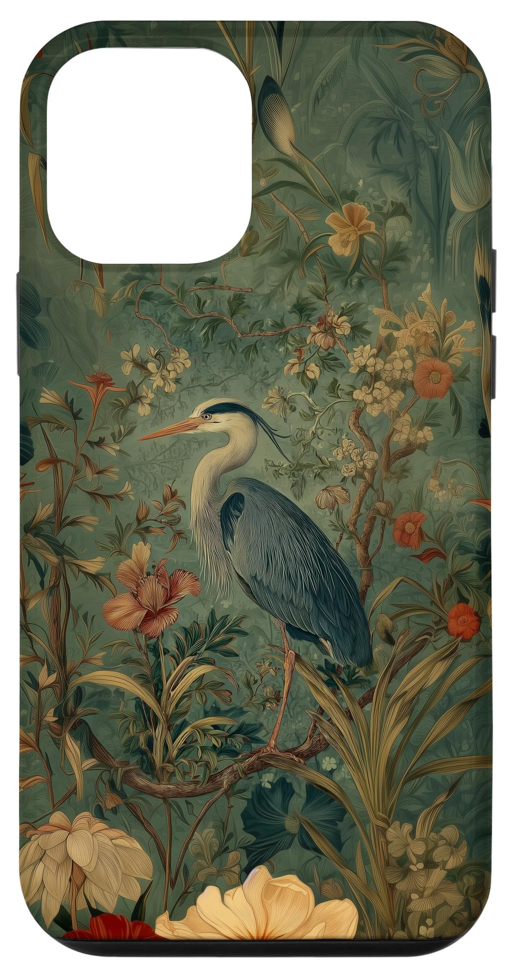 Blue Heron Wildflower Plant Pattern Sage Green Case for iPhone 16 Pro Max