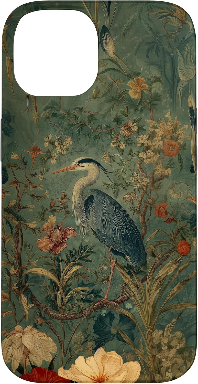 Blue Heron Wildflower Plant Pattern Sage Green Case for iPhone 16 Pro Max