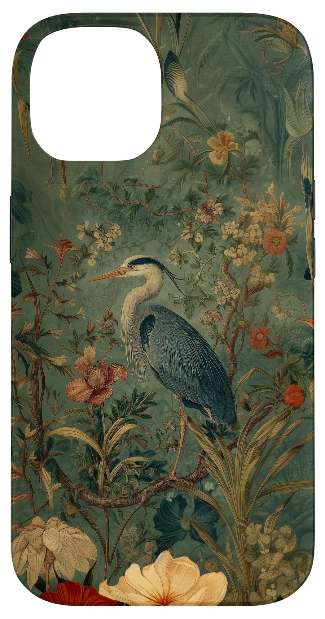 Blue Heron Wildflower Plant Pattern Sage Green Case for iPhone 16 Pro Max