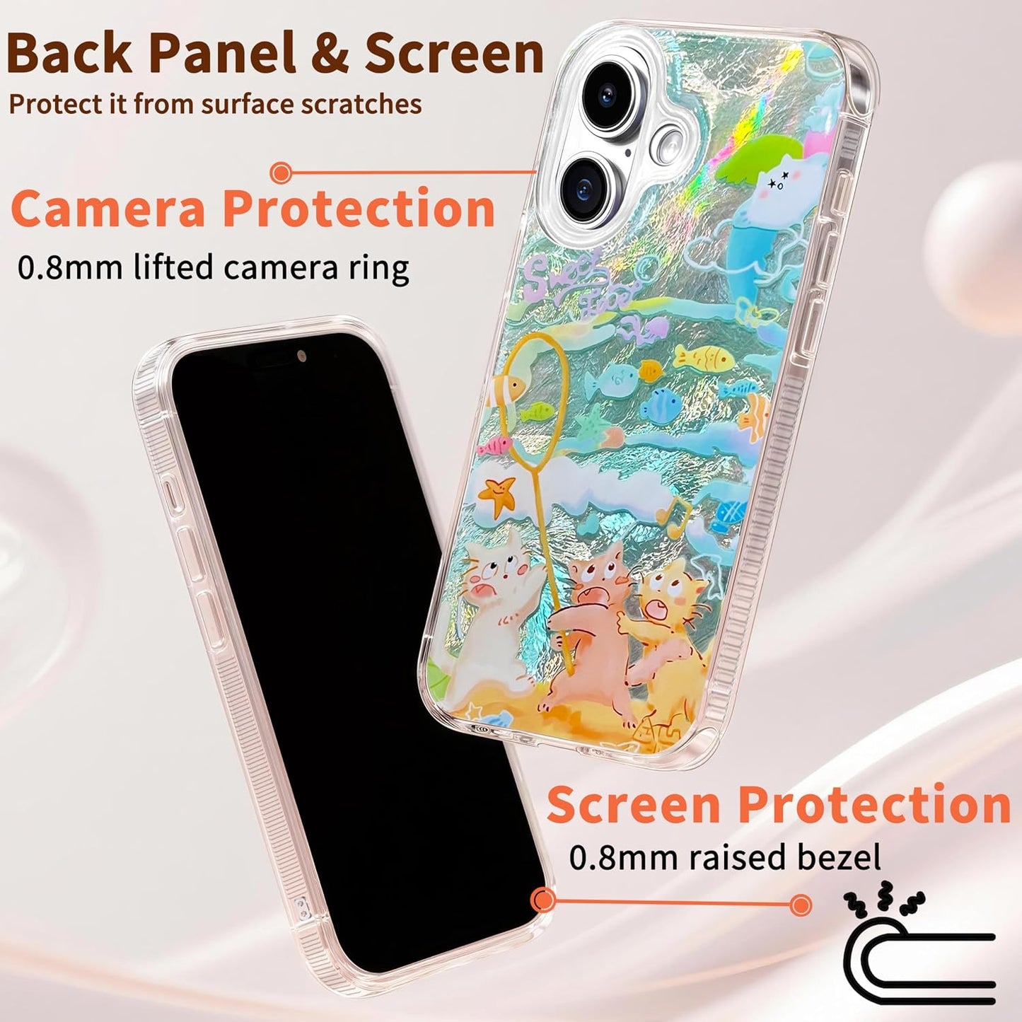 Compatible with iPhone 17 Case,with [Soft Slim][Camera Protection] Cute Fishing Cats Shiny Aesthetic Phone Cover Anti-Yellowing Shockproof Protective Cover for Women Girl