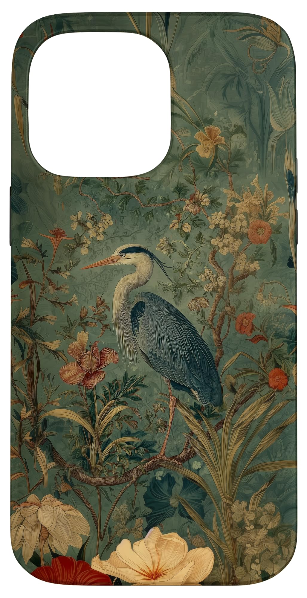 Blue Heron Wildflower Plant Pattern Sage Green Case for iPhone 16 Pro Max