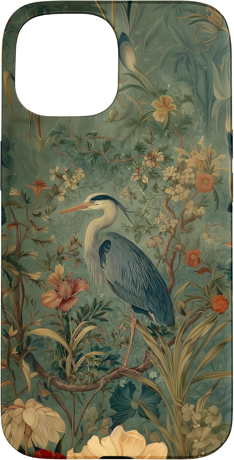 Blue Heron Wildflower Plant Pattern Sage Green Case for iPhone 16 Pro Max