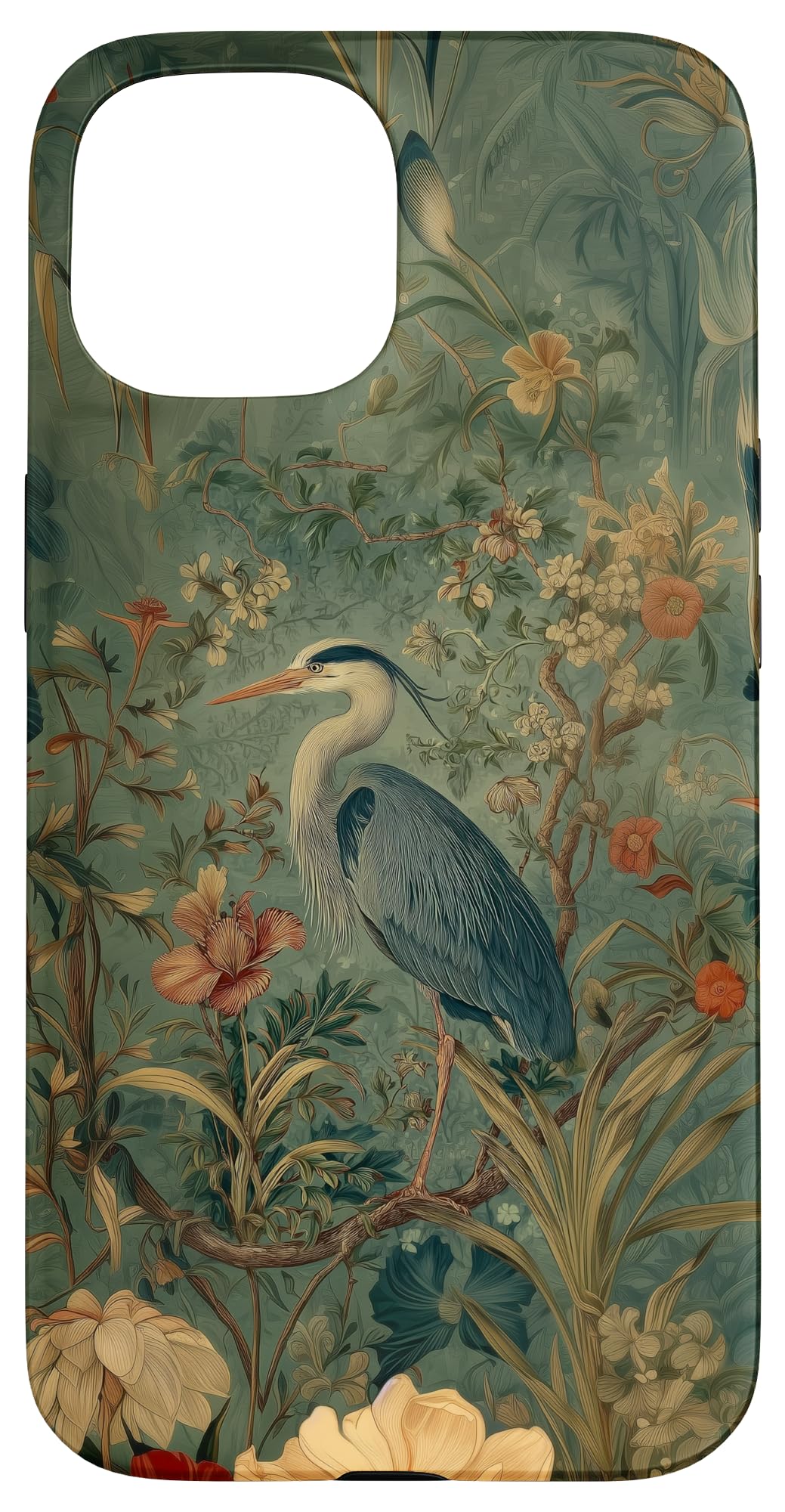 Blue Heron Wildflower Plant Pattern Sage Green Case for iPhone 16 Pro Max