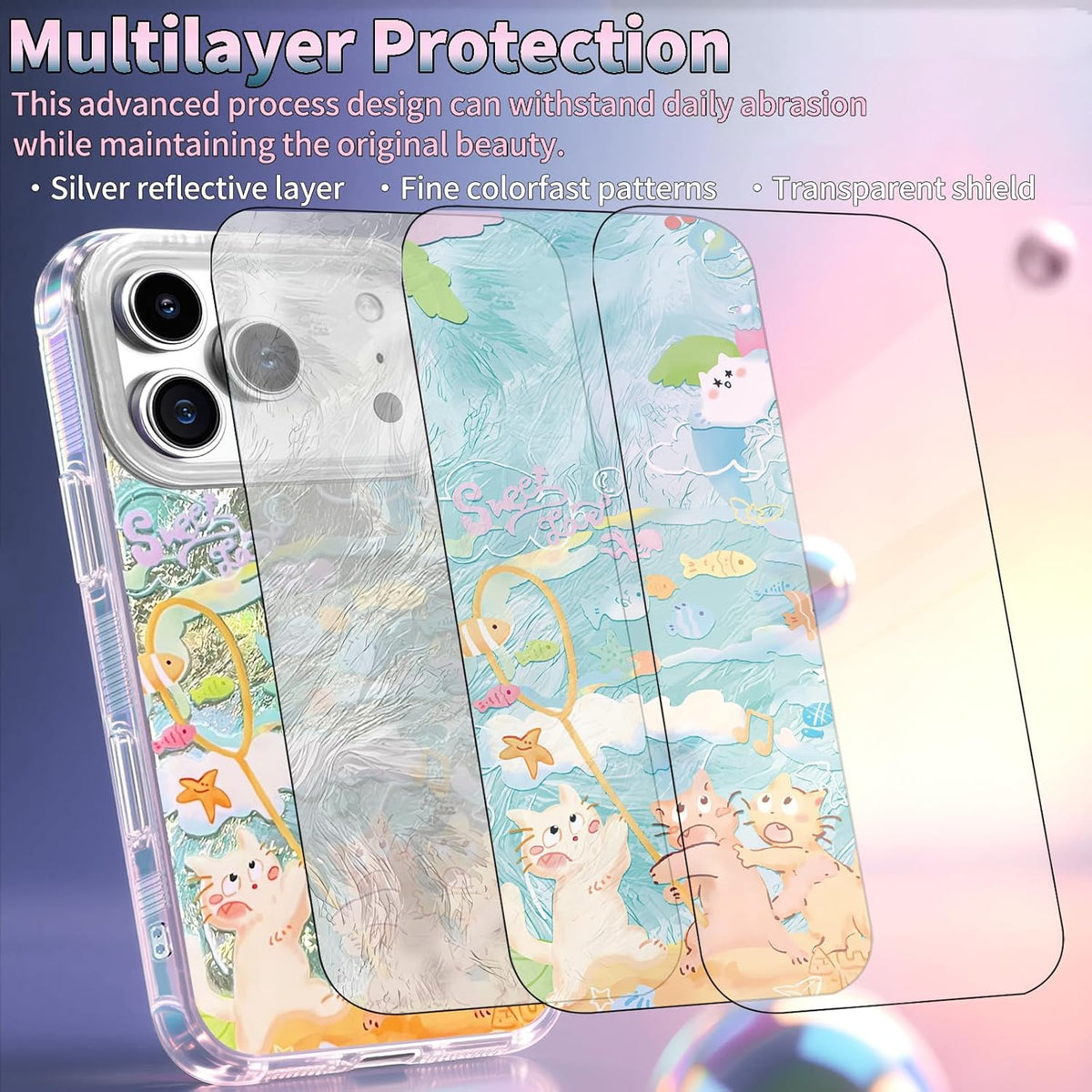 Compatible with iPhone 17 Pro Case,with [Soft Slim][Camera Protection] Cute Fishing Cats Shiny Aesthetic Phone Cover Anti-Yellowing Shockproof Protective Cover for Women Girl