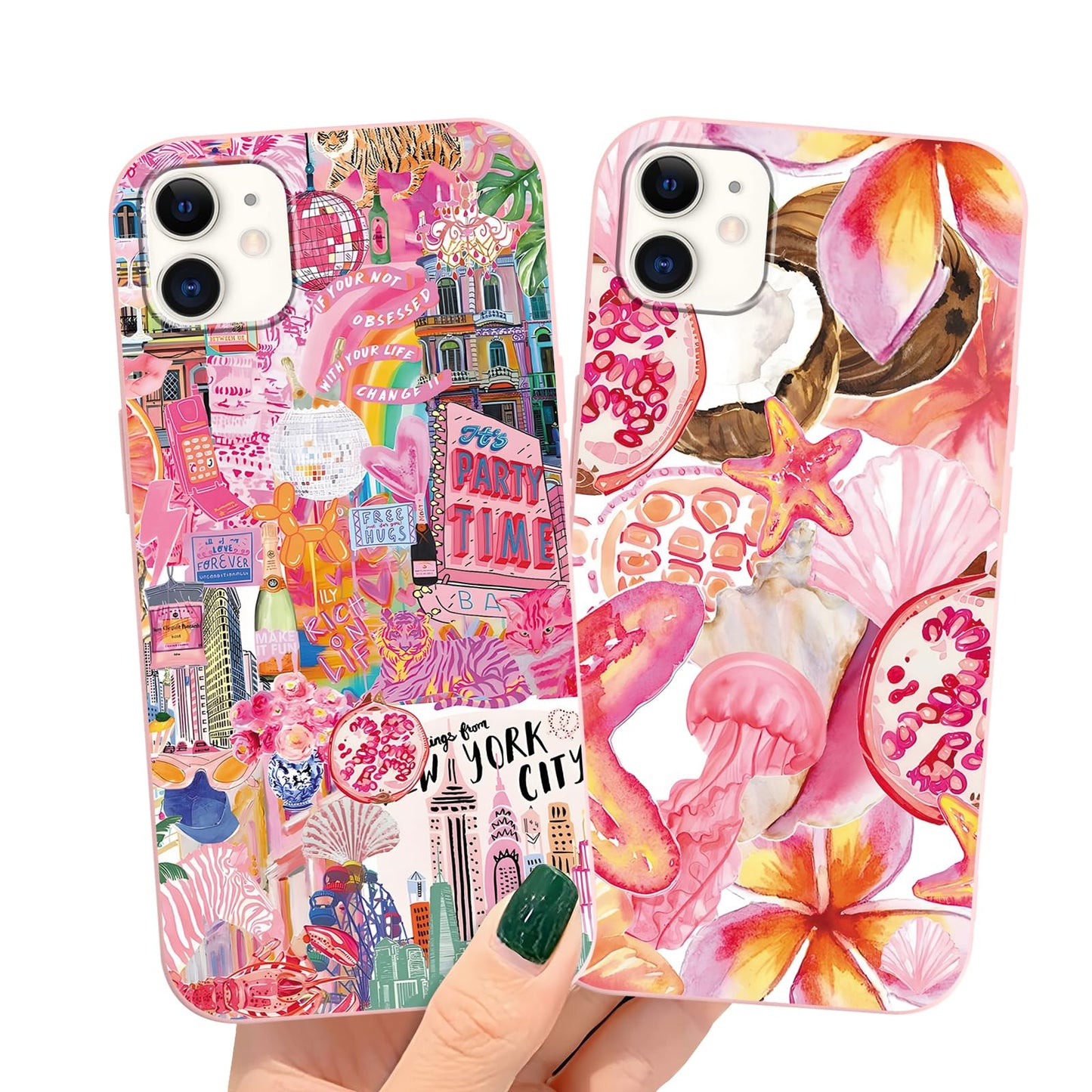 2 Packs Summer Fruit Animal Illustration Collage Pattern Phone Case for iPhone 16 6,1", Cute Aesthetic Design Print Funda with Liquid Silicone Shockproof Protection Soft Cover for Women Girls