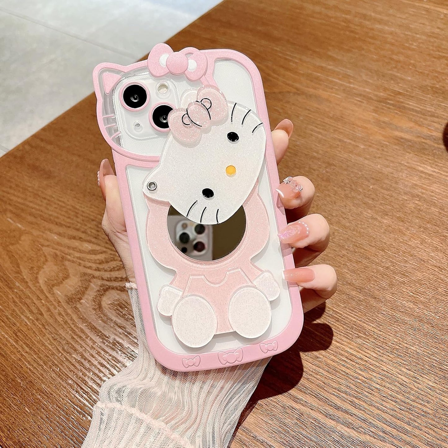 for iPhone 15 Kawaii Cartoon Cute Pink Phone Case，Built-in Makeup Mirror for Women Girls, Soft Transparent Protective Pink Phone Case