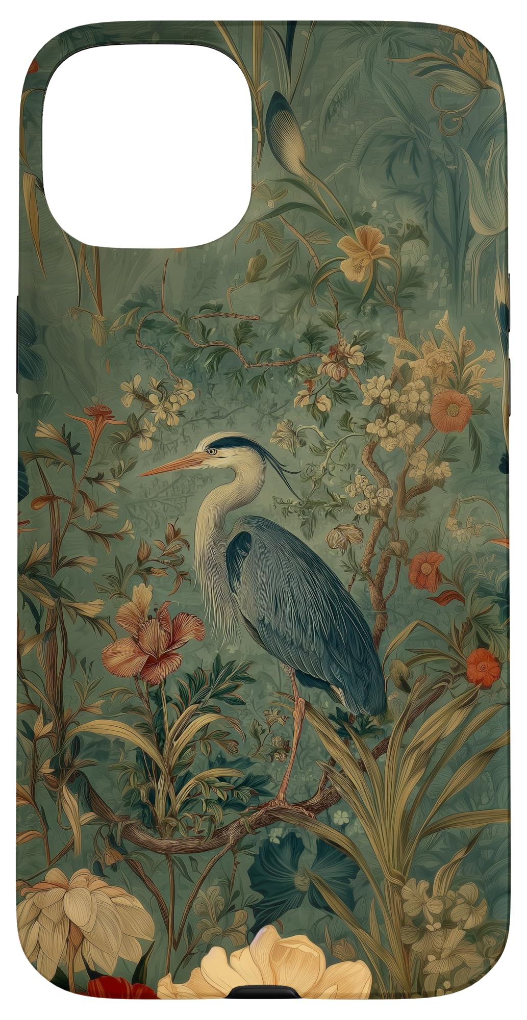 Blue Heron Wildflower Plant Pattern Sage Green Case for iPhone 16 Pro Max