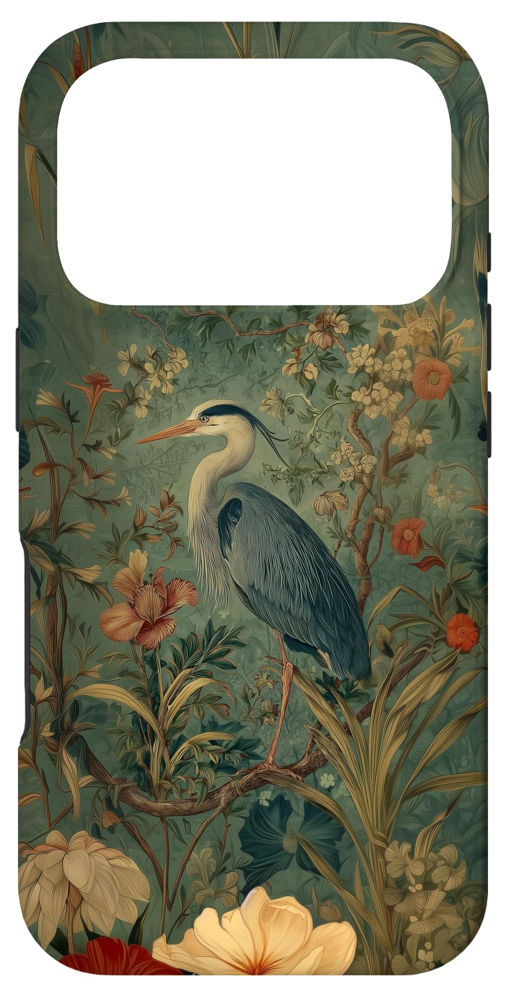 Blue Heron Wildflower Plant Pattern Sage Green Case for iPhone 16 Pro Max