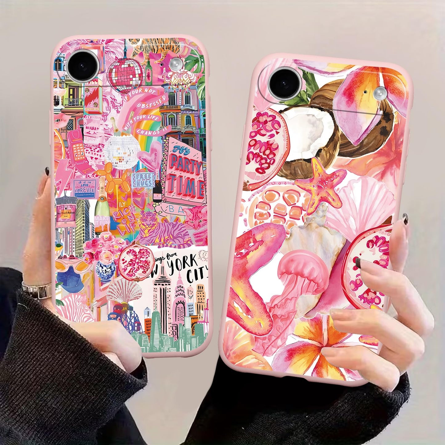2 Packs Summer Fruit Animal Illustration Collage Pattern Phone Case for iPhone 16 6,1", Cute Aesthetic Design Print Funda with Liquid Silicone Shockproof Protection Soft Cover for Women Girls