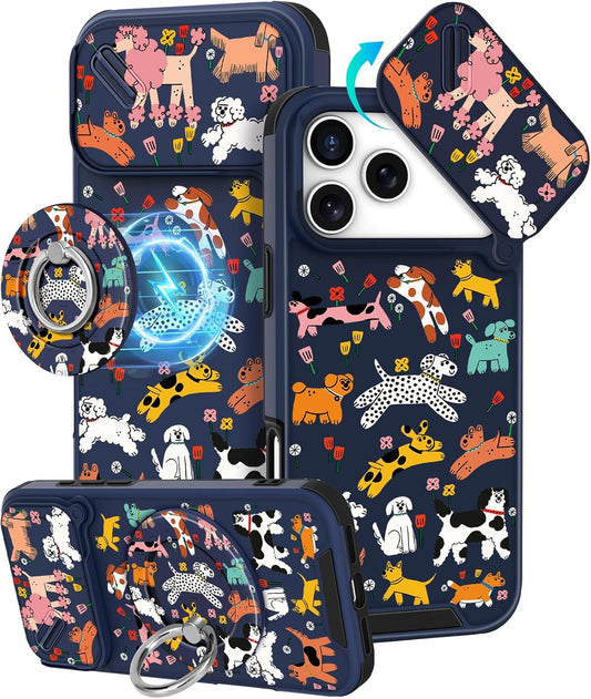 Buleens for iPhone 17 Pro Max Case 6.9 Inch - with Ring Stand & Camera Cover Aesthetic Cute Designed for Women Girls Girly Cartoon Kawaii Dogs Phone Case for iPhone 17 Pro Max Compatible with Magsafe