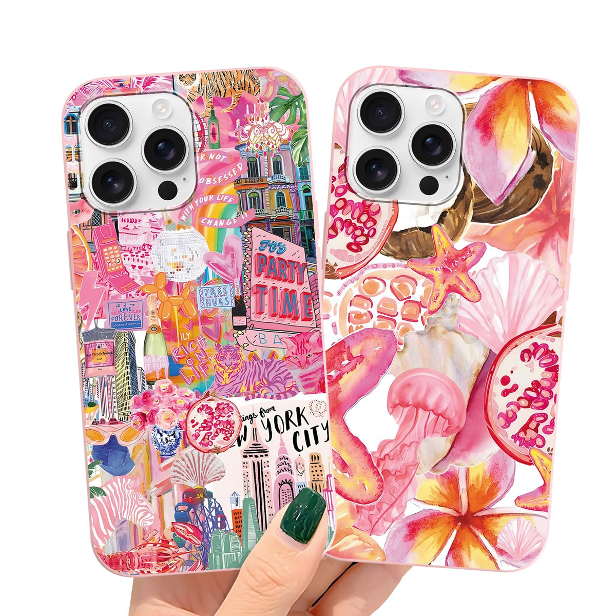 2 Packs Summer Fruit Animal Illustration Collage Pattern Phone Case for iPhone 16 6,1", Cute Aesthetic Design Print Funda with Liquid Silicone Shockproof Protection Soft Cover for Women Girls