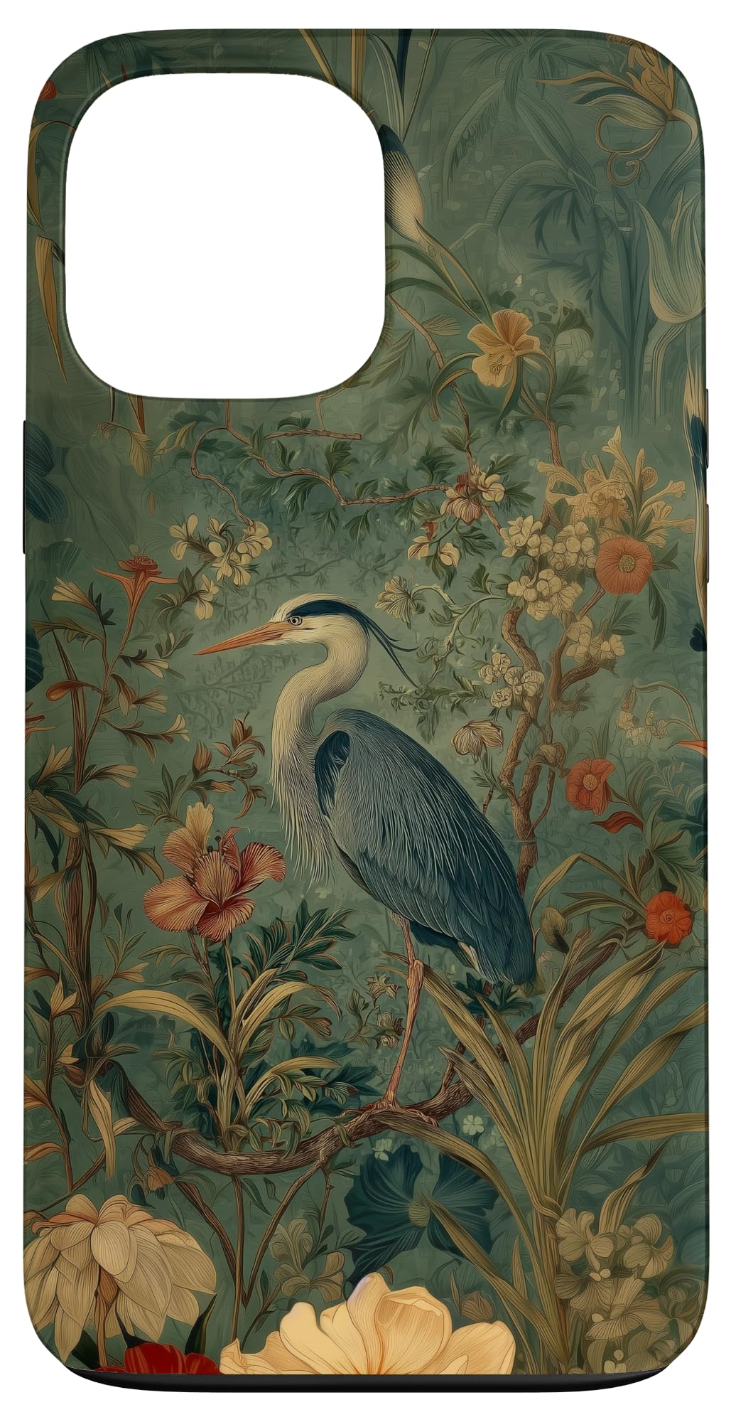 Blue Heron Wildflower Plant Pattern Sage Green Case for iPhone 16 Pro Max