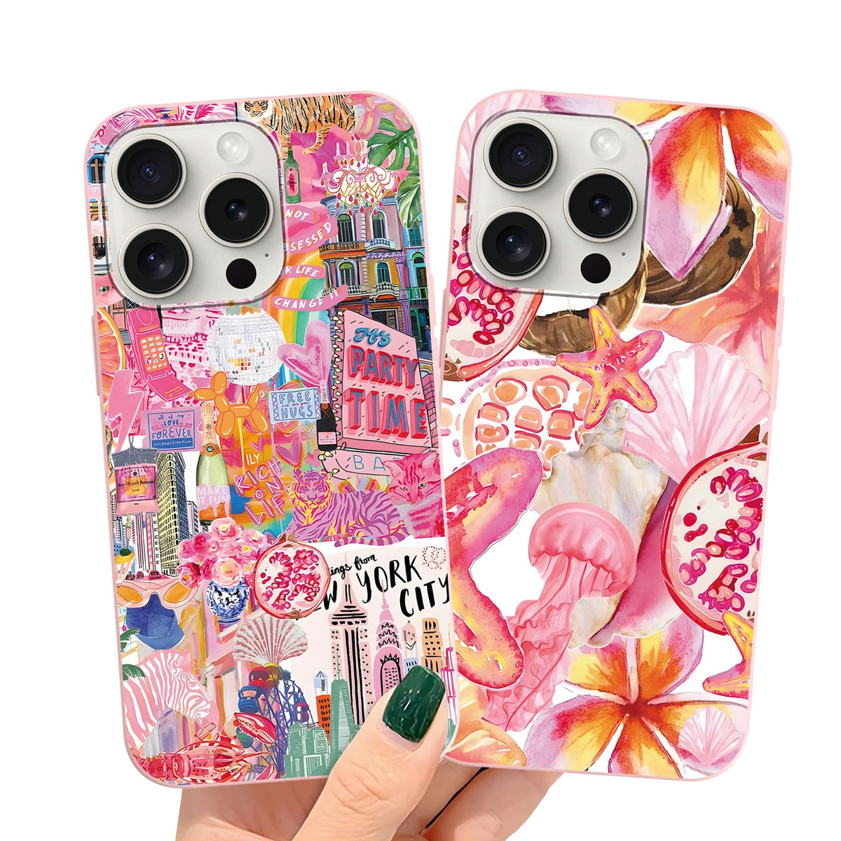 2 Packs Summer Fruit Animal Illustration Collage Pattern Phone Case for iPhone 16 6,1", Cute Aesthetic Design Print Funda with Liquid Silicone Shockproof Protection Soft Cover for Women Girls