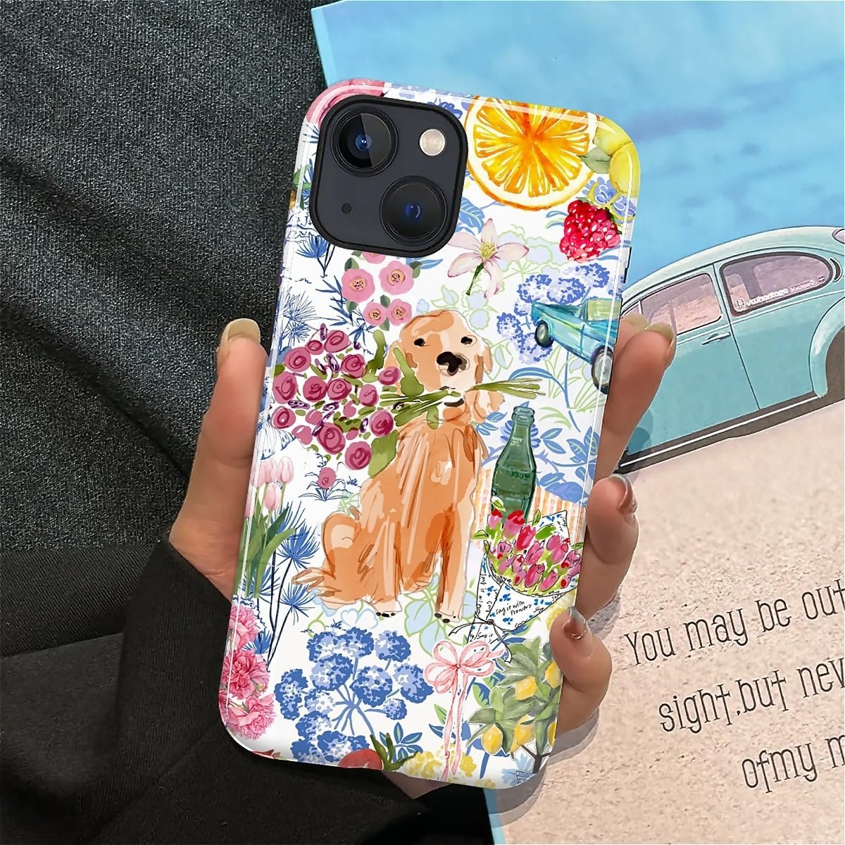 for iPhone 13/14 Case,Hybrid 2-Layer Hard Shell + Silicone Protective Case -Resistant Shockproof- Ally's Dog's Cute College Summer Flower Collage