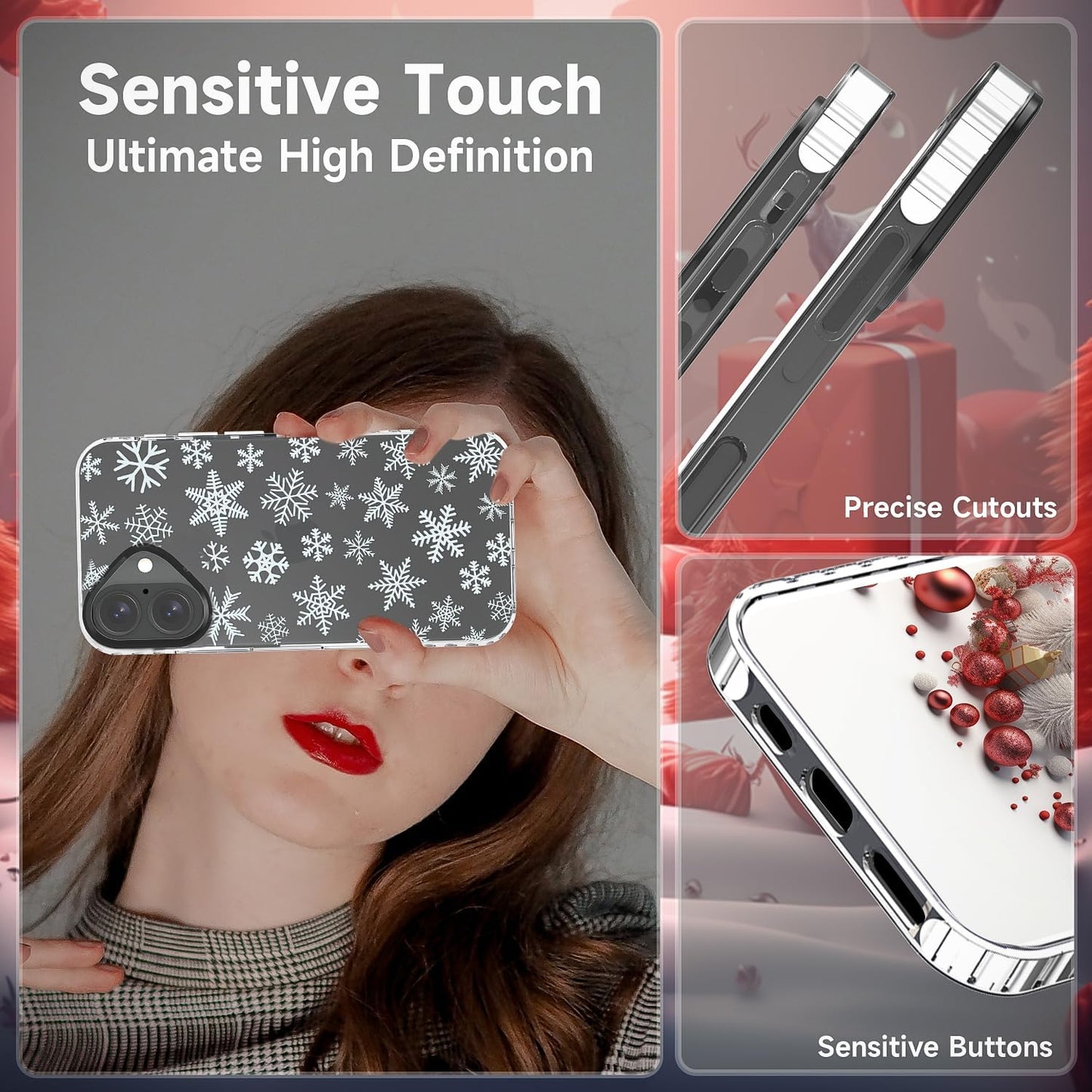 Christmas Phone Case Compatible for iPhone 16 Snowflake Case Clear TPU + Black Camera Frame Protection Winter Phone Cover for Women